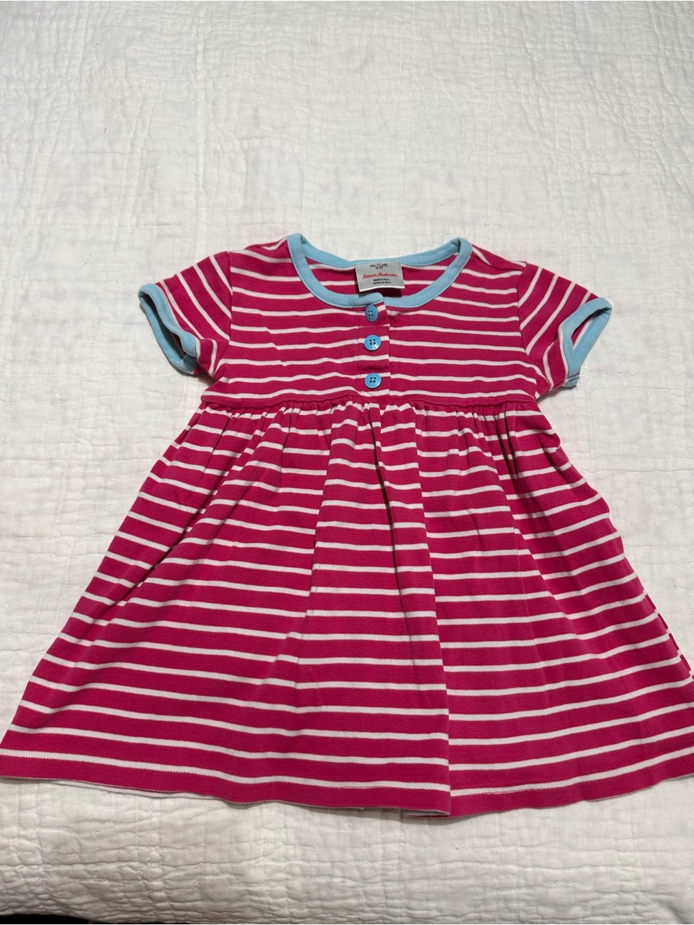 Pink and White Striped Hanna Andersson Toddler Dress with Blue Trim